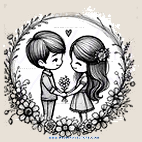 boy and girl holding hands within a circle with flowers on either side