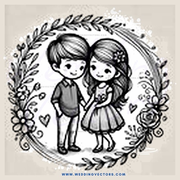 a boy and girl with long hair standing in an oval together