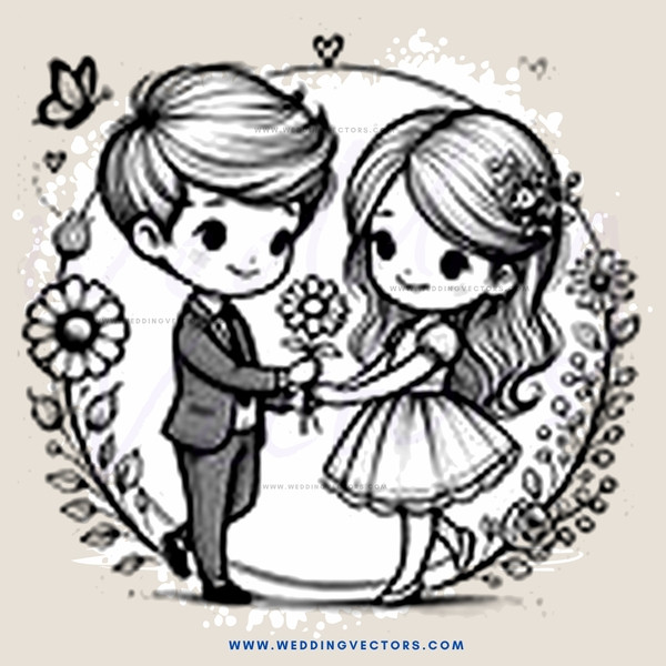 boy and girl embracing with flowers in picture frame