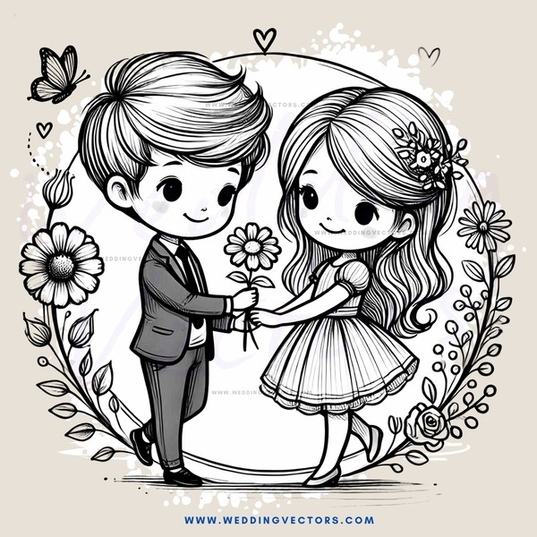 a boy and girl holding flowers