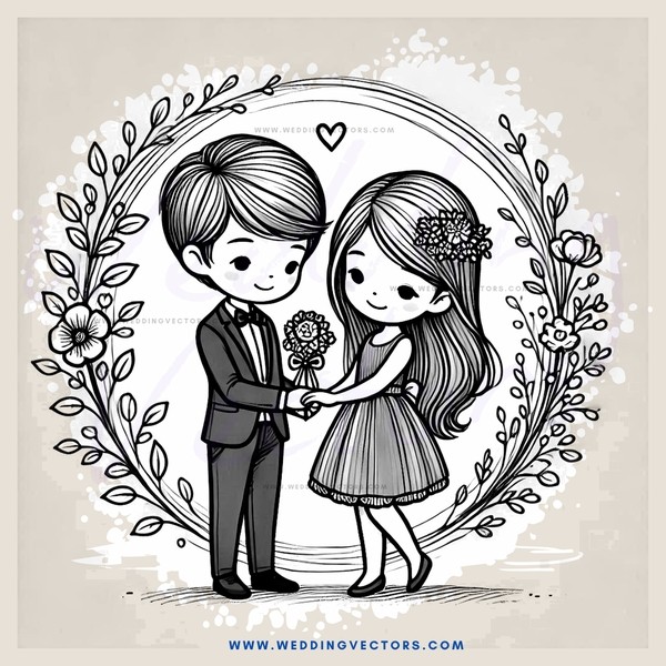boy and girl hugging in black and white illustration