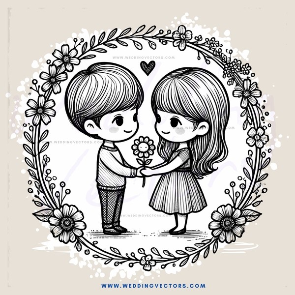 a boy and girl sharing flowers
