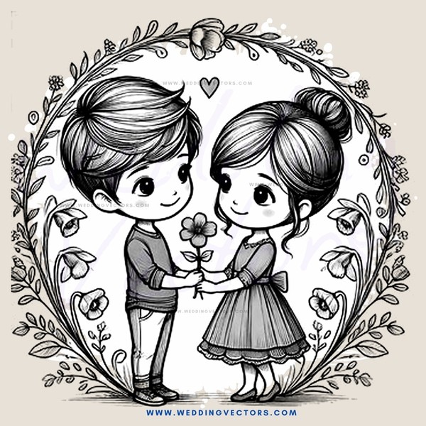 couple holding flower in heart decoration