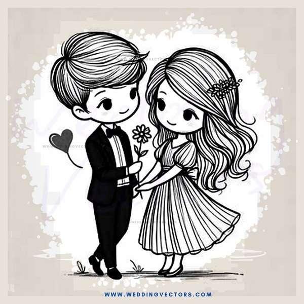 a couple standing together with hearts and flowers