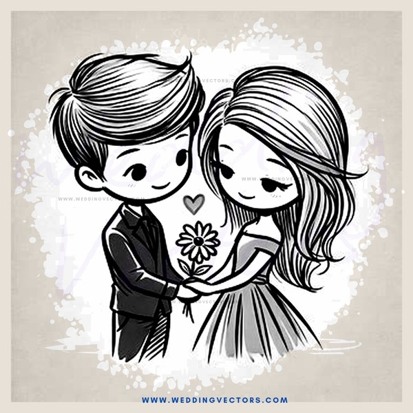 a boy and girl holding each other with hearts and flowers