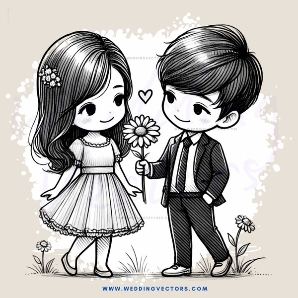 boy and girl with flowers, love heart, and dandelions in their hands