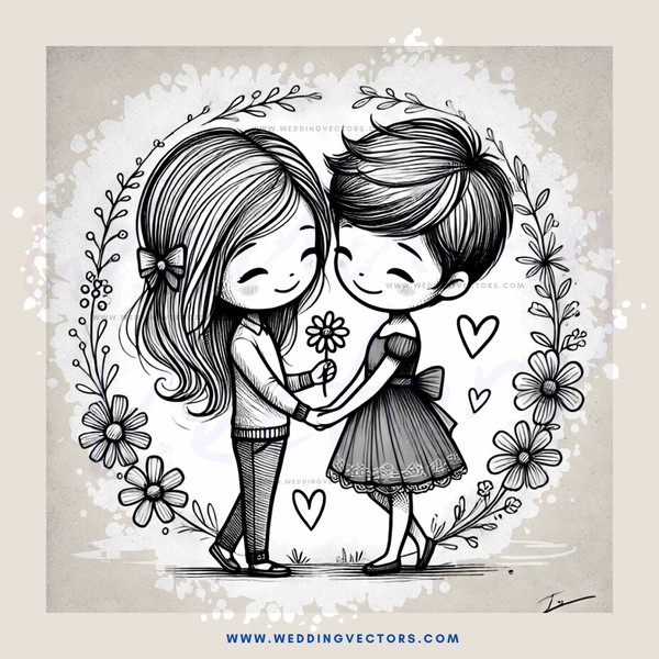a couple holding flowers and hearts in an illustration