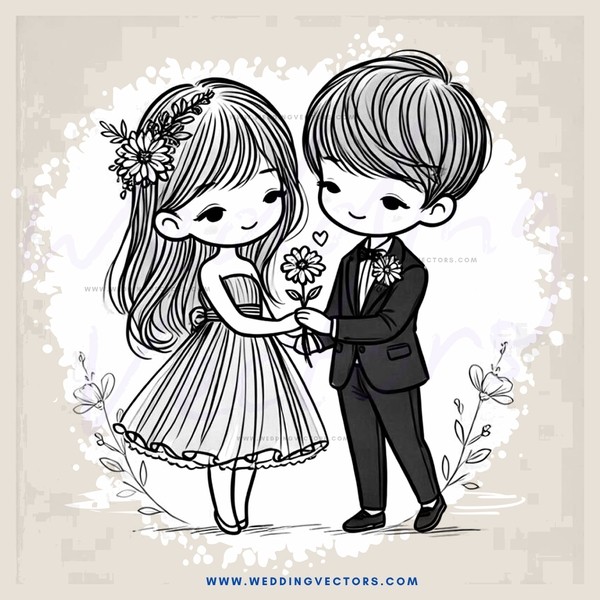 a couple holding flowers and standing in front of a floral arrangement