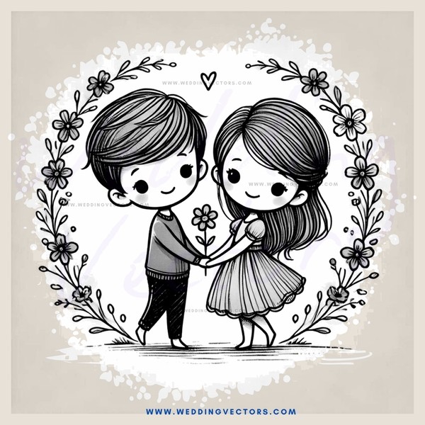 a boy and girl hugging with flowers on their heads