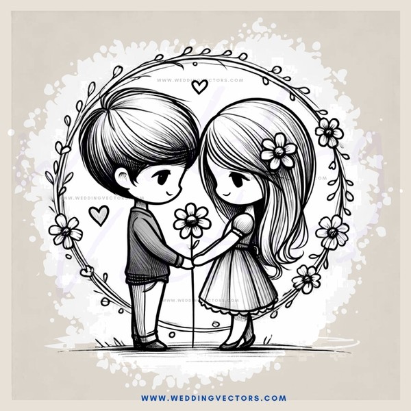 a boy and girl holding flowers in an embrace