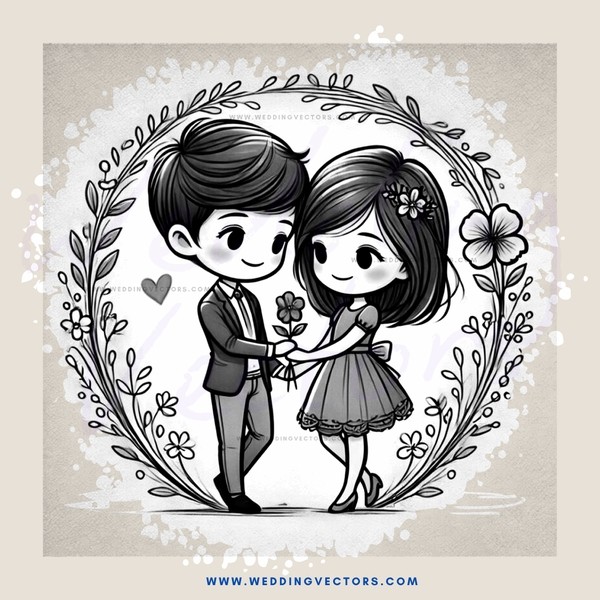 a couple in an illustrated wedding ring frame