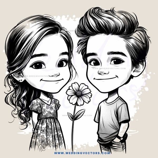 two kids, one girl and boy with flowers