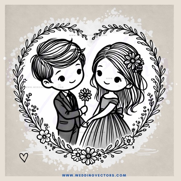 an adorable boy and girl posing for picture with flowers and leaves