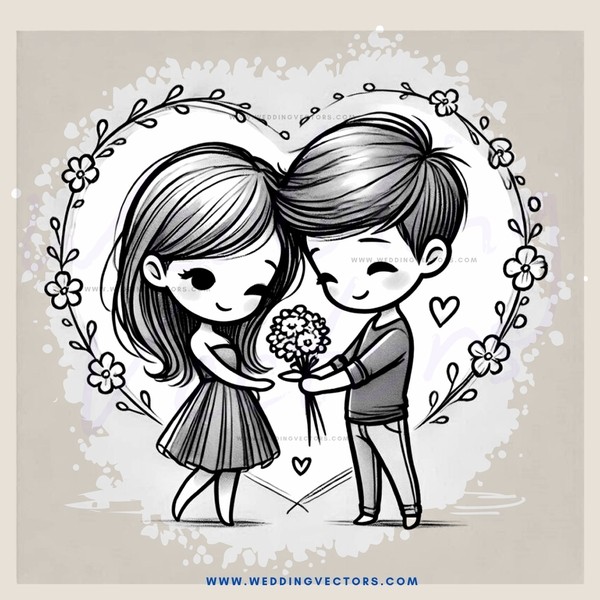 a couple holding flowers and love hearts