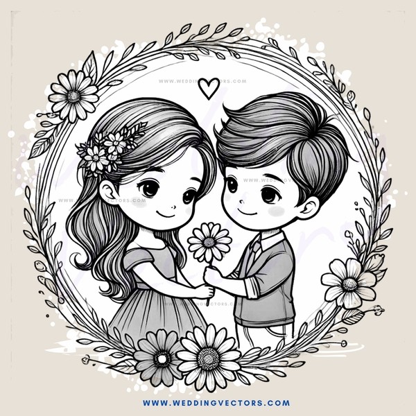 a boy and girl posing together with flowers and butterflies
