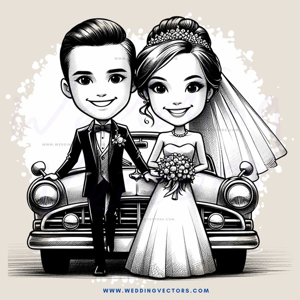 wedding couple posing with a car (black & white illustration)