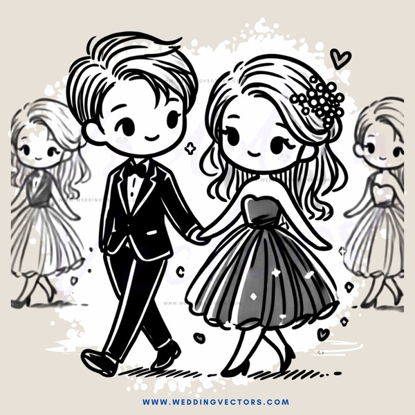 two people walking in different outfits and flower hearts