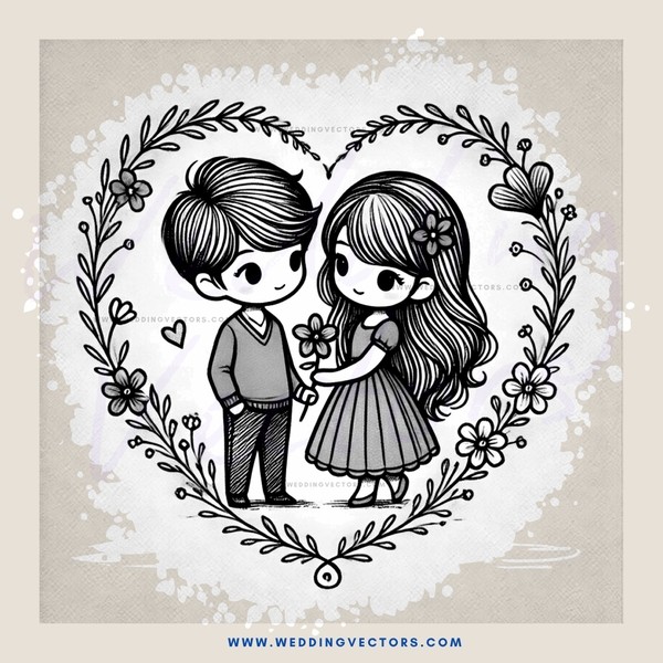 an illustrated couple holding hands and flowers
