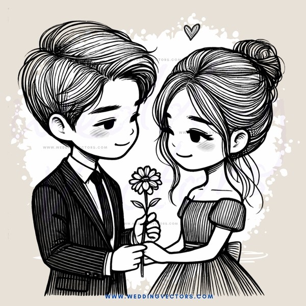 boy and girl holding flowers together in black and white illustration
