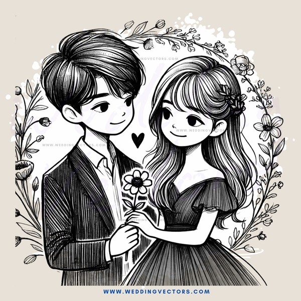 two young people in black and white with flowers