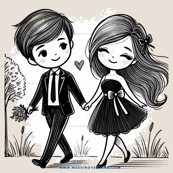 boy and girl in black and white cartoon