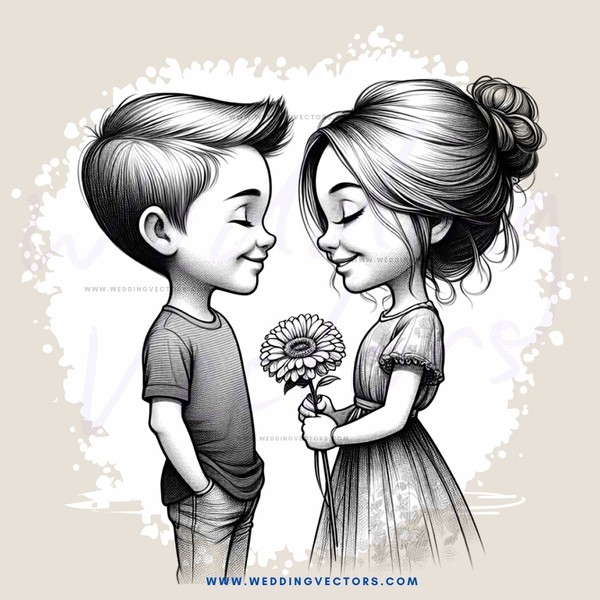 a boy and girl share a flower
