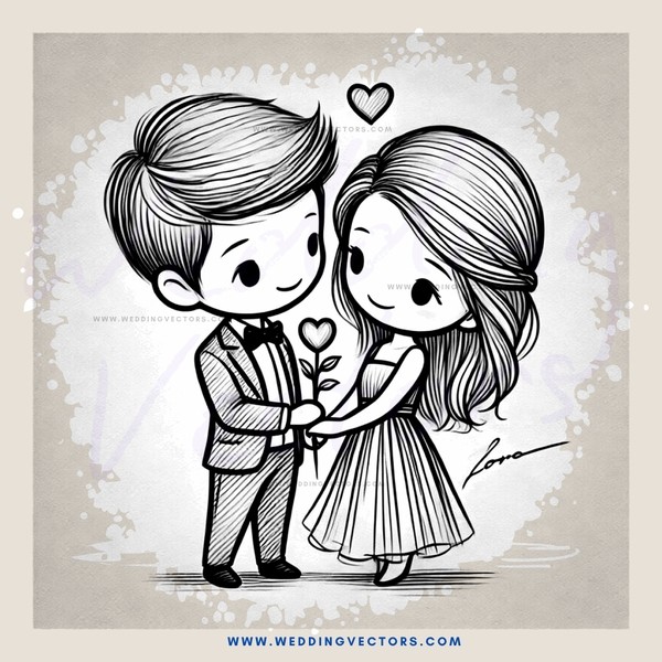 couple embracing each other with hearts and flowers above them