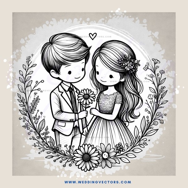 a boy and girl holding flowers