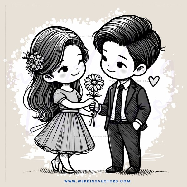 cartoon boy and girl holding flowers and flower
