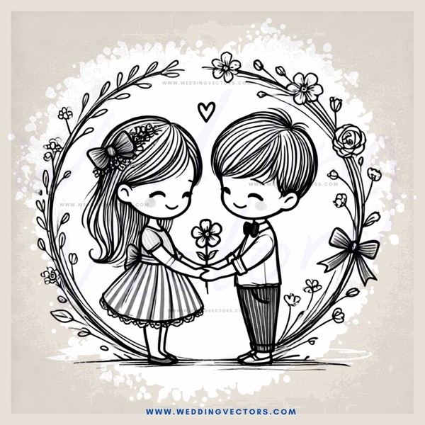 a boy and girl hugging in an oval surrounded by flowers