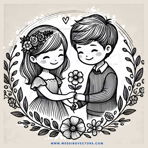 a boy and girl holding flowers