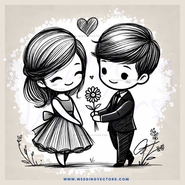 a young boy and girl standing together in front of a flower