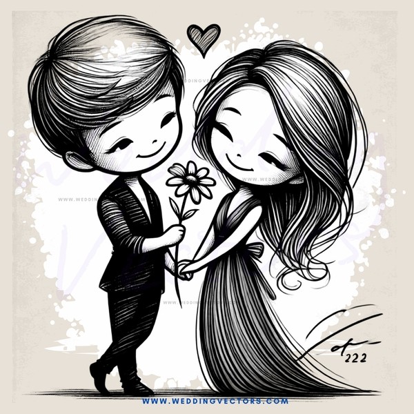 a couple standing together with a flower