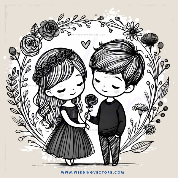 two kids holding flowers with roses and butterflies