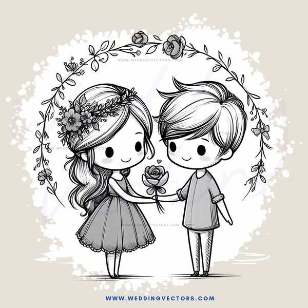 a boy and girl standing close together with flowers in their hair