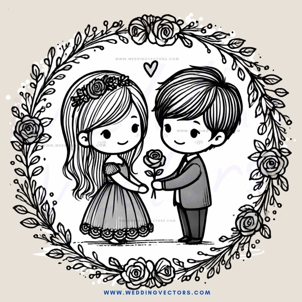 young couple exchanging rose bouquets in a wedding ring