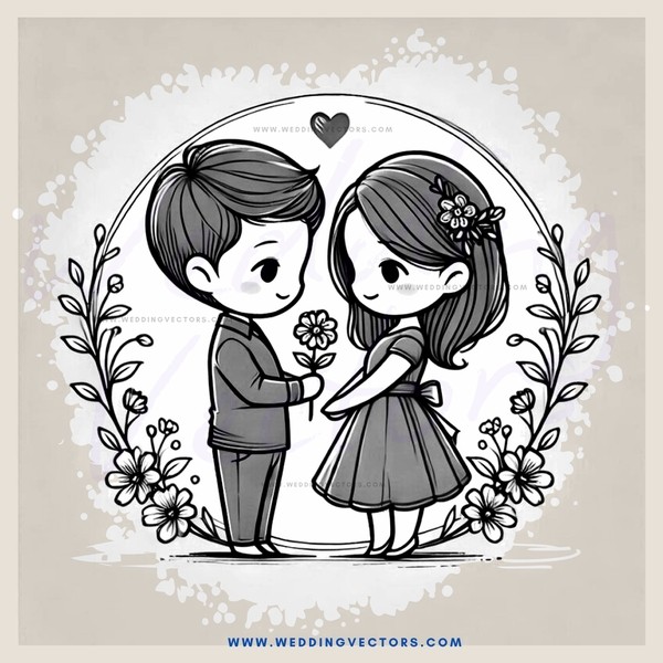 a boy and girl holding flowers and standing in front of a heart