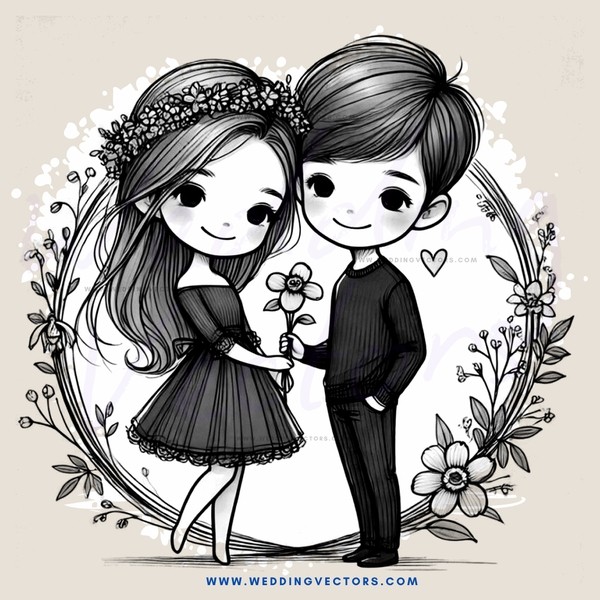 a boy and girl standing together with flowers