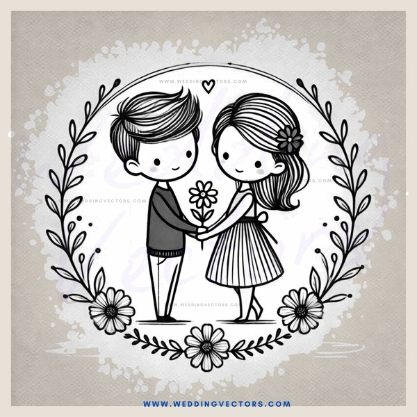 a couple holding flowers in an outline drawing