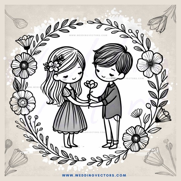 a boy and girl holding hands with flowers in the background