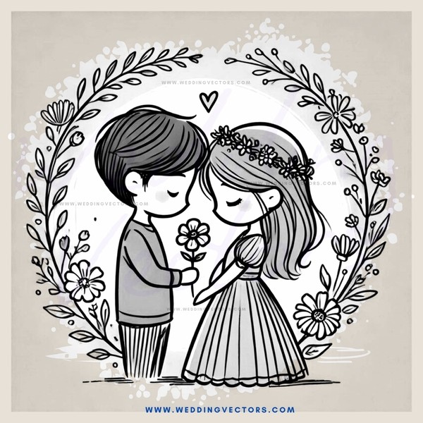 an ink drawing of a couple on their wedding day