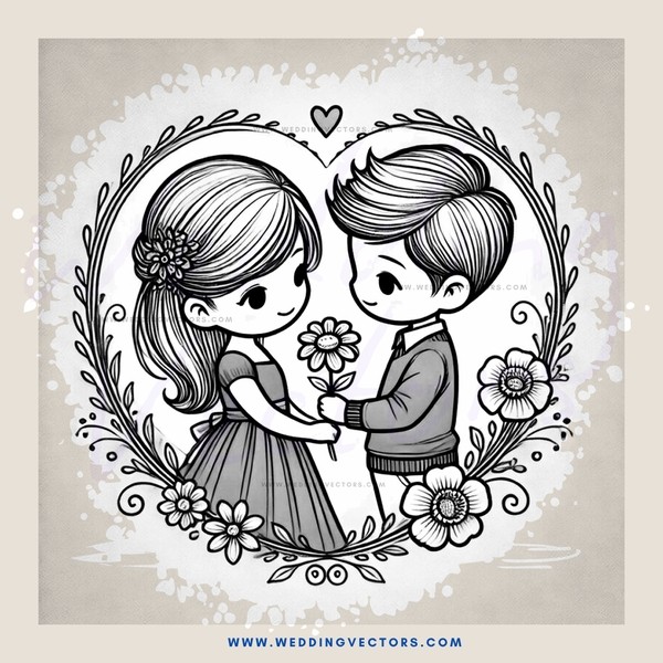 a couple holding flowers in an oval with leaves around them