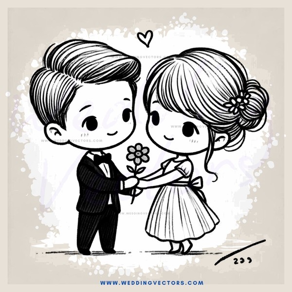 boy and girl standing close together with flowers