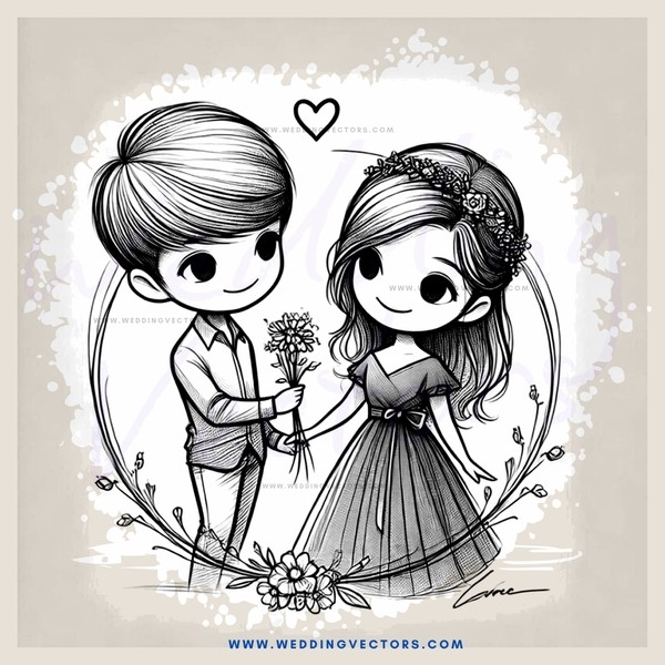 boy and girl in leaf circle with flowers and love sign