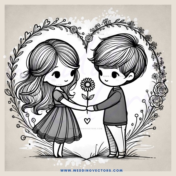 two kids standing together with a flower and heart