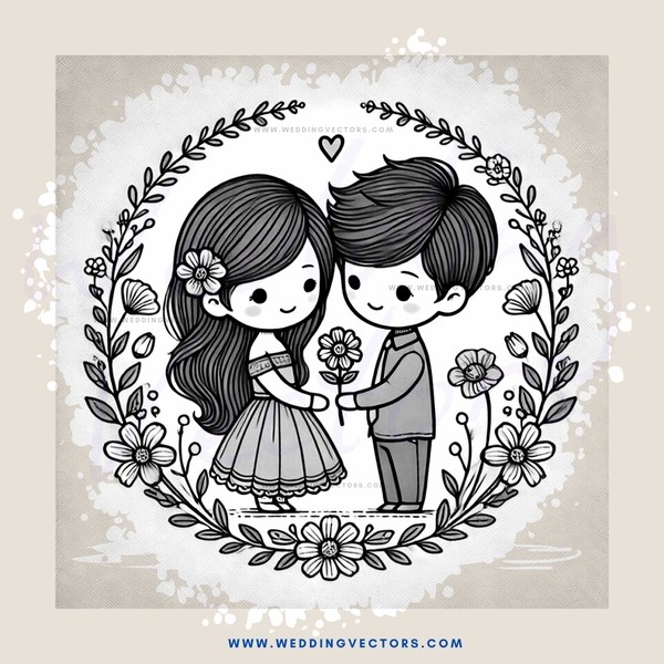 boy and girl holding flowers with hearts on their hair
