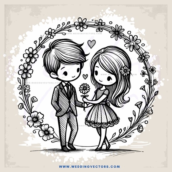 a cartoon drawing of a couple holding flowers with hearts in their hands