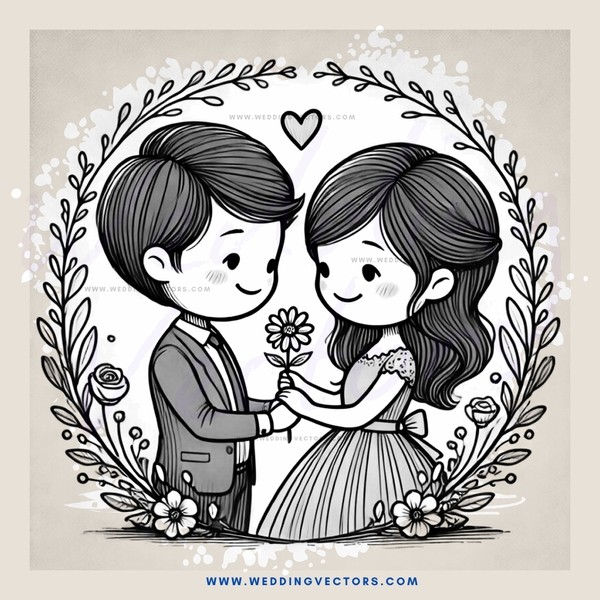 a couple's portrait surrounded by flowers and leaves