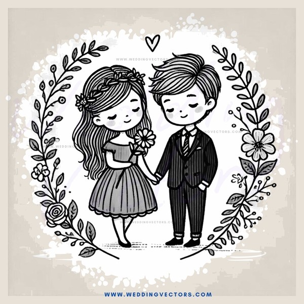 young couple posing for picture with vines and flowers behind them