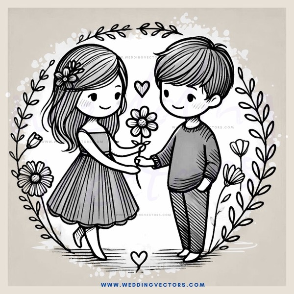 a boy and girl holding flowers